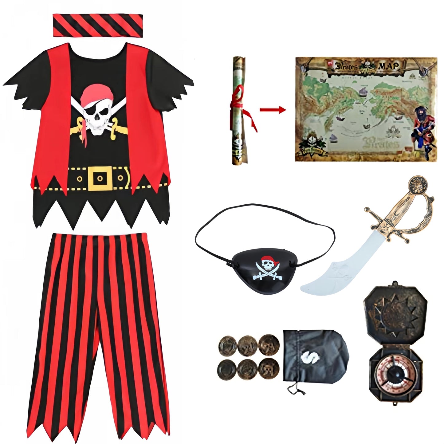 Lingway Toys Kids Pirate Costume,Pirate Role Play Dress Up Completed 8Pcs Set For Kids 8-10Years