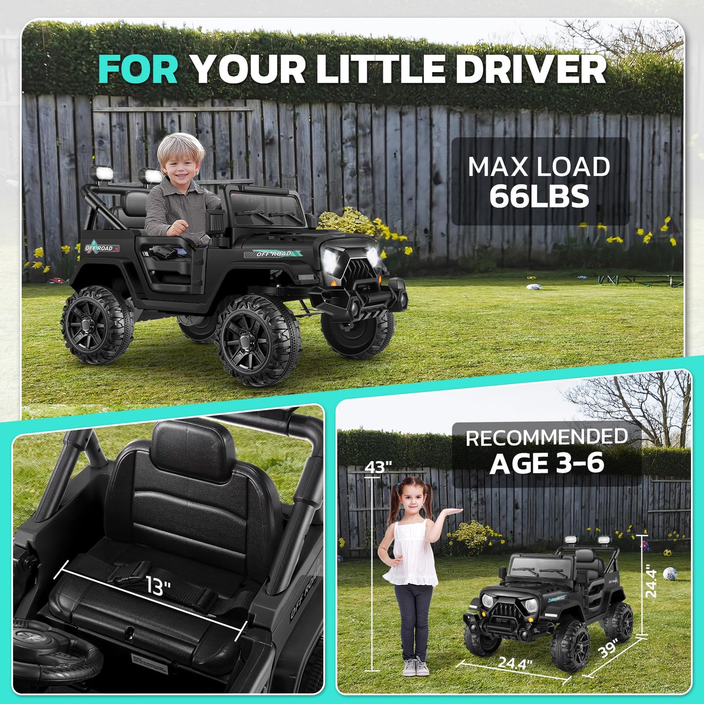 Hikole Battery Powered Cars For Kids, 12V Ride On Jeeps Car With Remote Control, 3 Speeds, Bluetooth, Led Lights, Safety Belts, Spring Suspension, Kids Electric Vehicles For Boys, Black