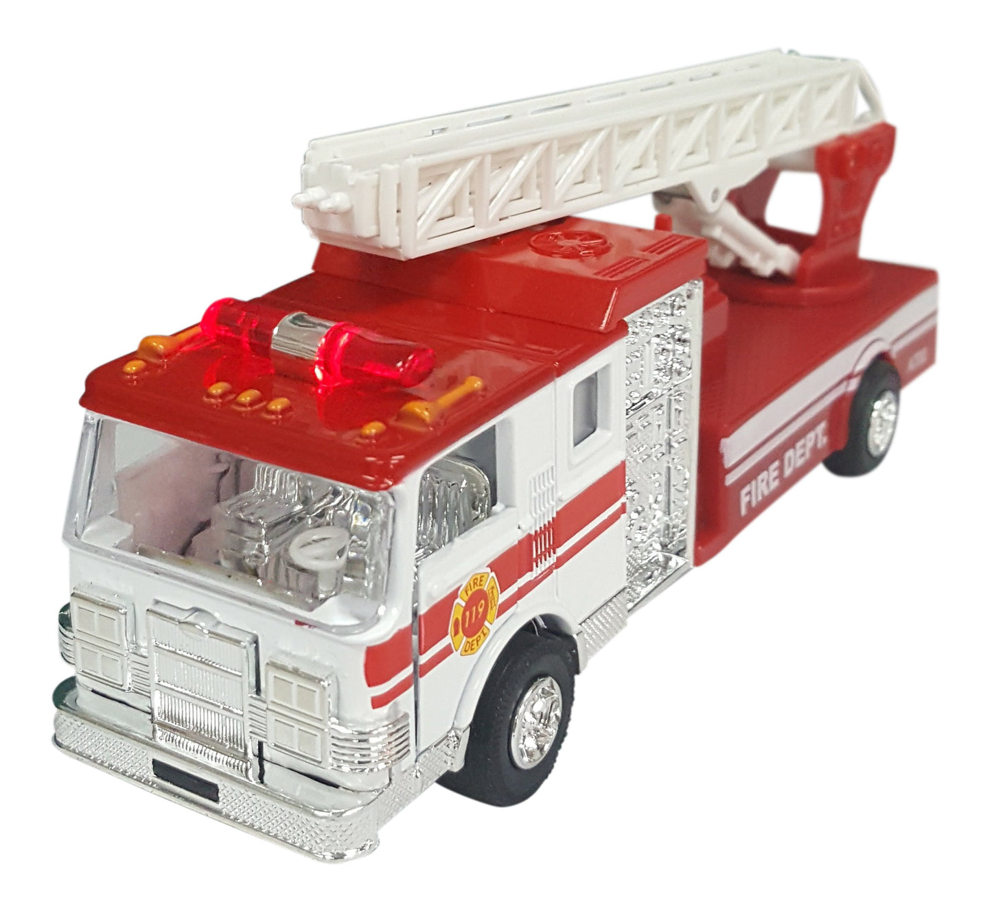 Master Toy Die-Cast Metal Fire Engine Truck with Ladder, Pull-Back Action, Red, Model 7000