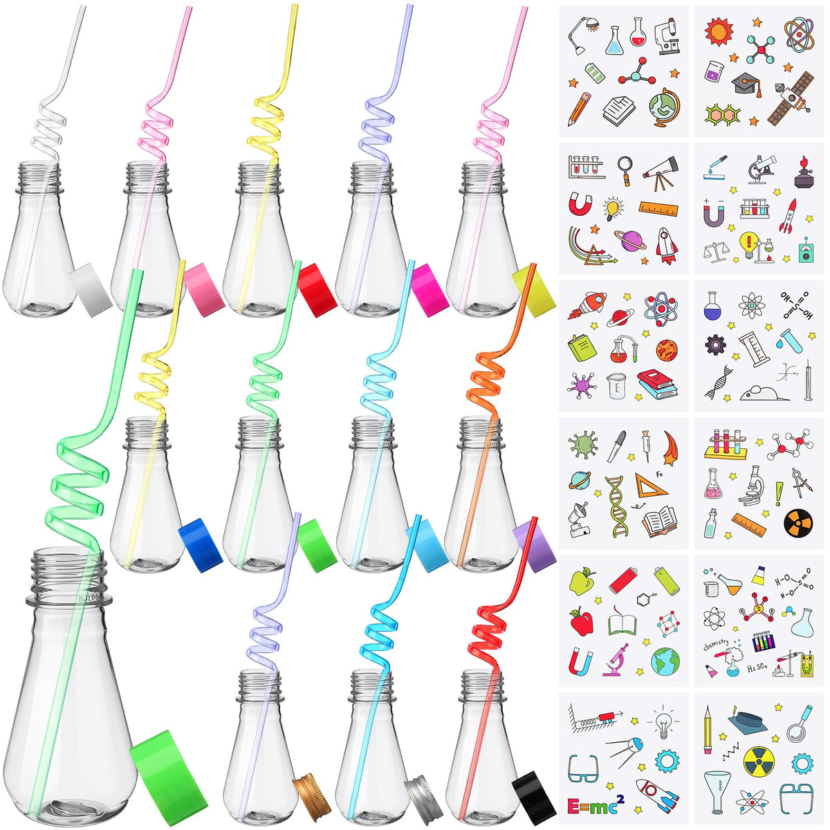 Jingmore 36 Pcs Science Party Theme Cups Set with Silly Loop Straws Science Stickers Plastic Reusable Small Conical Flask Bottle