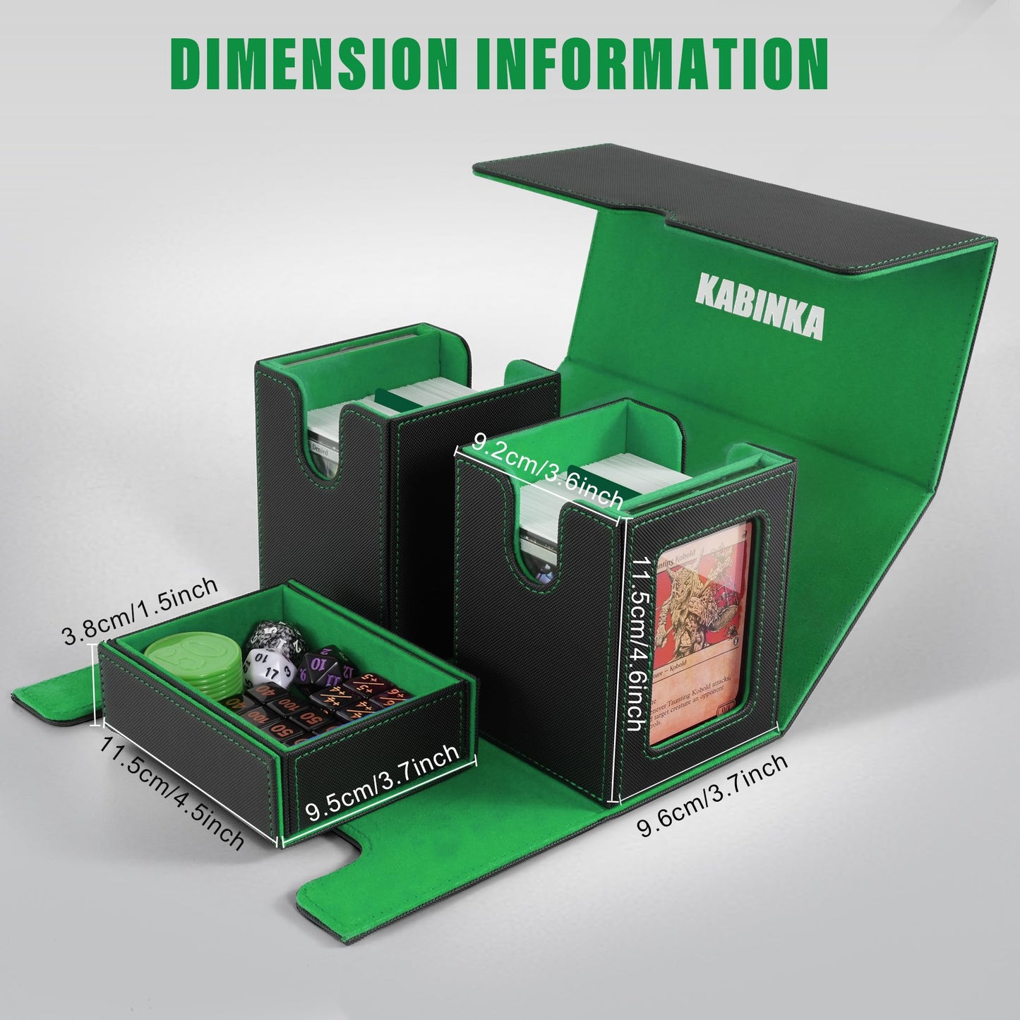 Kabinka Deck Box for MTG with Commander Display  3 in 1 Trading Card Storage Box Fit 200 Double-sleeved Cards  Removable Deck Case for TCG/Sports Cards with 2 Magnetic Card Holders (Black Green)