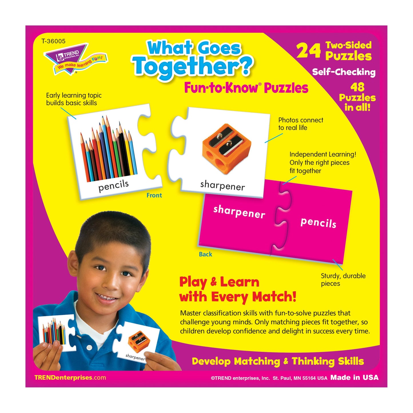 Trend Enterprises: Fun-To-Know Puzzles: What Goes Together?, Learn Related Objects & Their Words, 24 Two-Sided Puzzles, Self-Checking, 48 Puzzles Total, For Ages 3 And Up