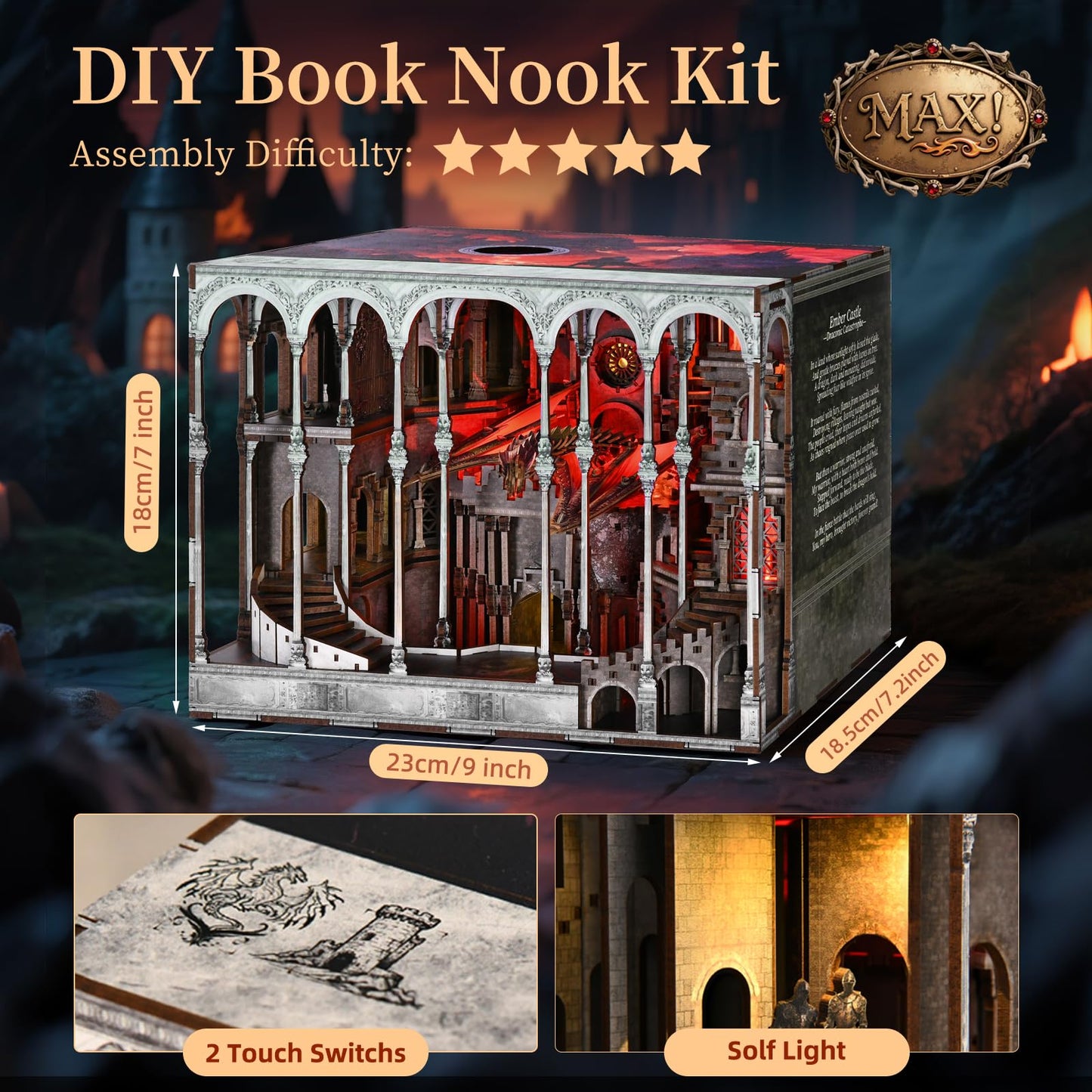 MiniCity Book Nook Kit  DIY Miniature House Dollhouse Kit for mature-themed and Teens  Booknook Bookshelf Decor Castle Model Build with LED Light  Gifts for Family and Friends (Ember Castle)
