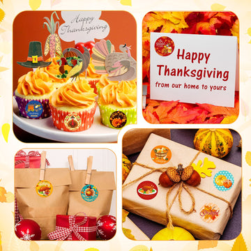 Zonon 1000 Pieces Thanksgiving Party Stickers Round Funny Turkey Label Stickers Pumpkin Maple Leaf Adhesive Decals Autumn Theme Seal Stickers For Thanksgiving Fall Party Decorations
