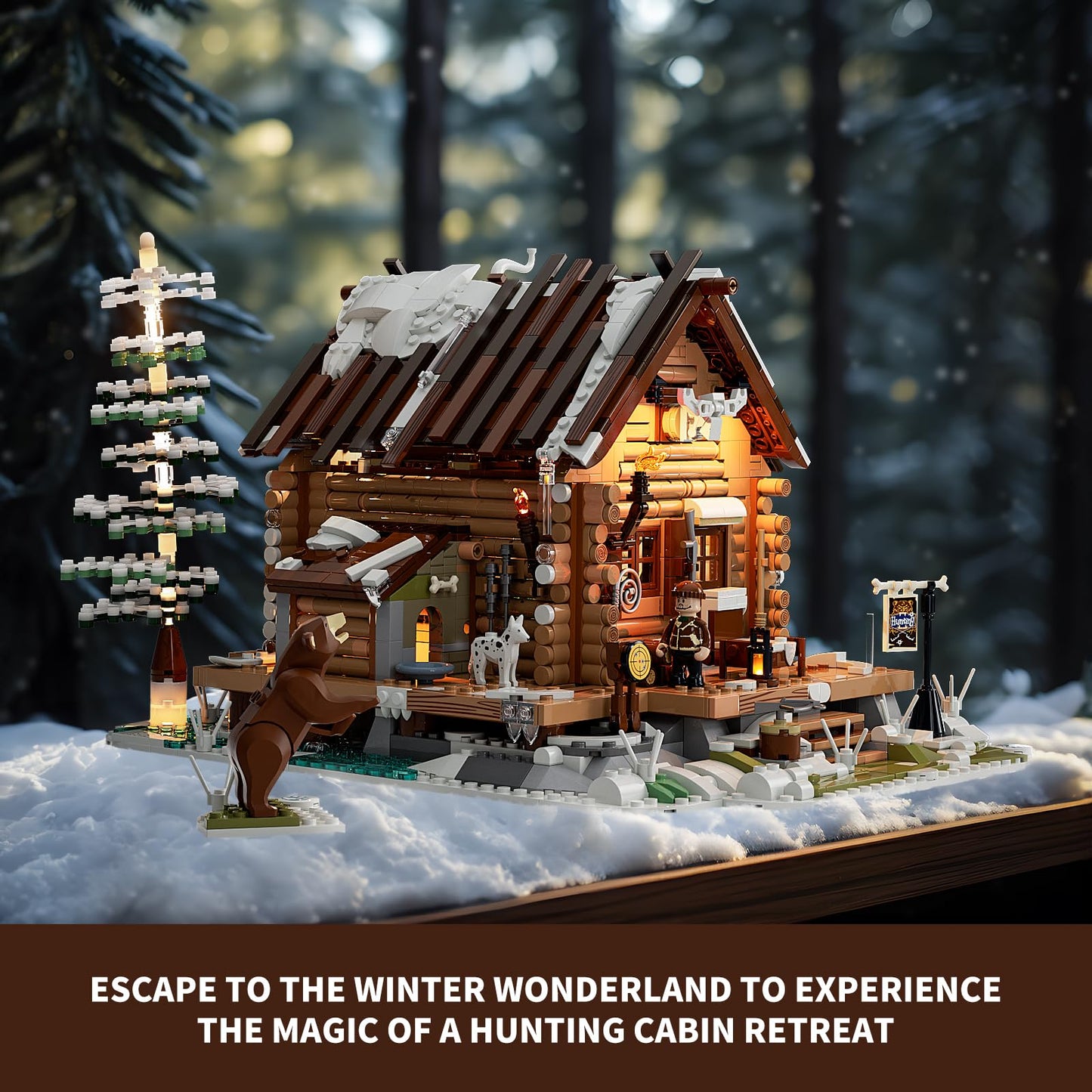 Funwhole Hunting-Cabin Lighting Building-Bricks Set - Retro Wooden Cabin Led Light Construction Building Model Set 2036 Pcs For Adults And Teen