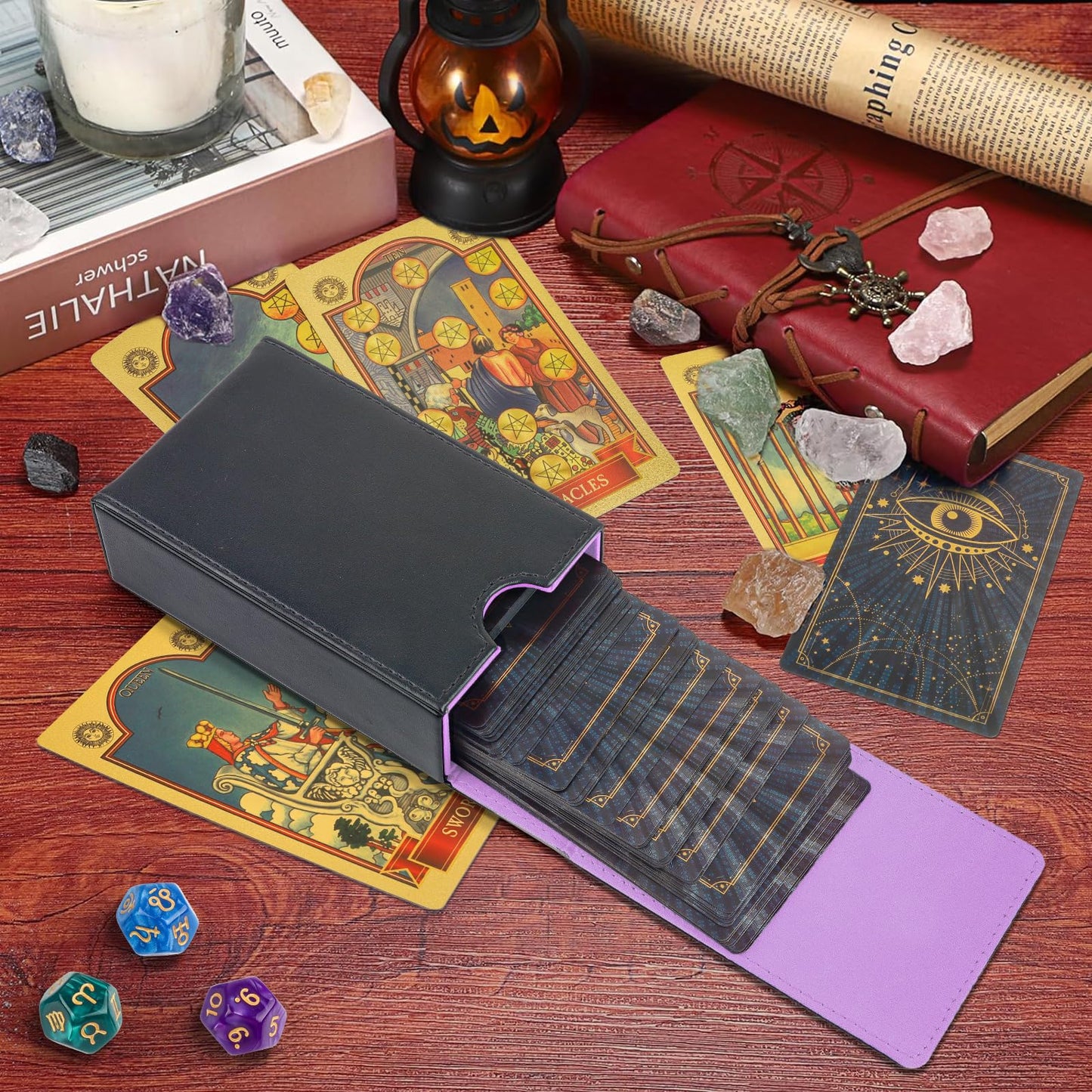 Buweeo Tarot Card Case/Holder, Single Deck Pu Leather Card Holder For Most Standard Size Tarot Cards Or Playing Cards, Black And