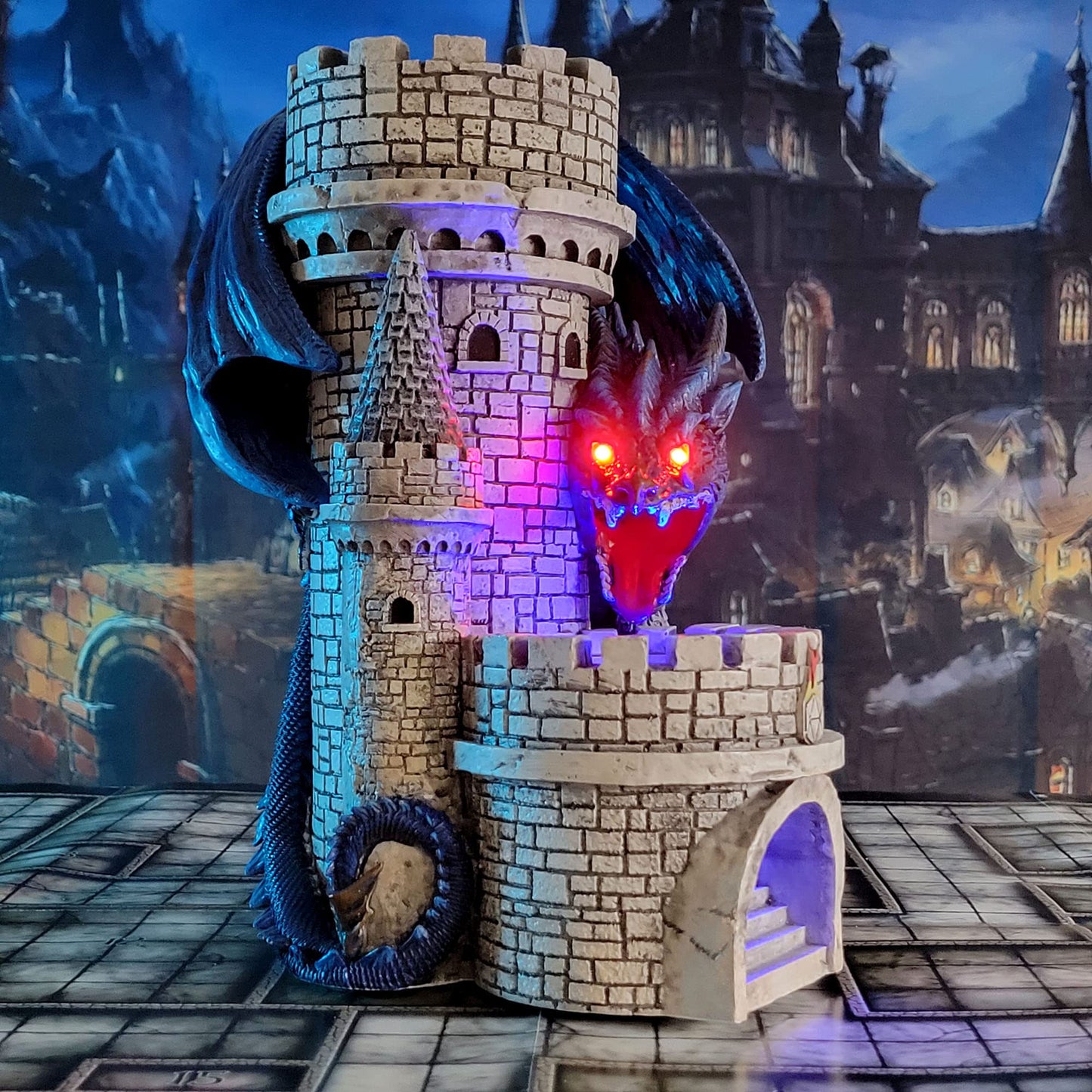 Forged Dice Co. Dragon’S Keep Dice Tower - Hand Painted Dice Rolling Tower Castle With Led Lights, Made From Heavy Duty Resin - Compatible With Dnd Accessories, D&D 5E, And Standard Rpg Dice (Blue)