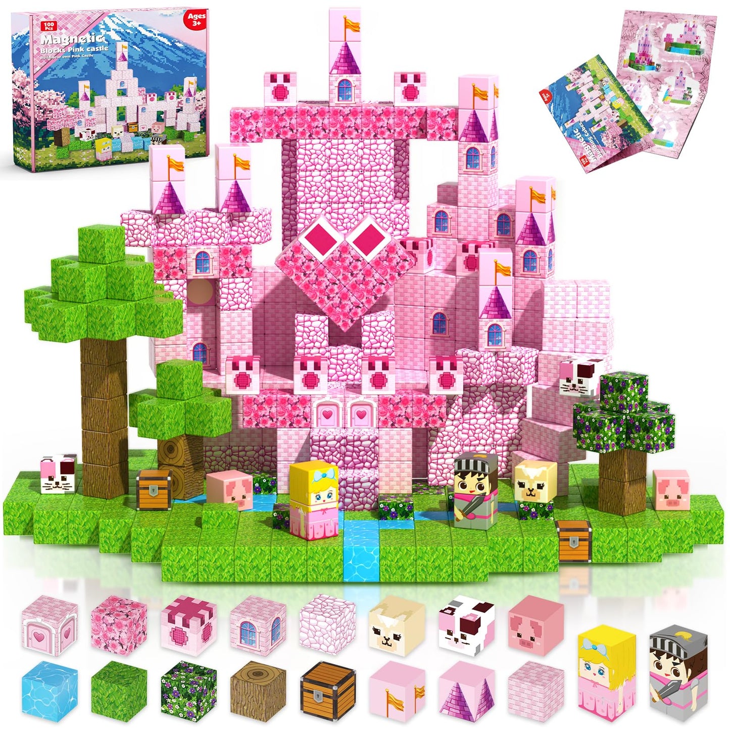 Magnetic Blocks - 100PCS Magnetic Building Block for Kids, Pink Princess Castle Magnet Cubes Sets, Princess Toys for Girls Ages 