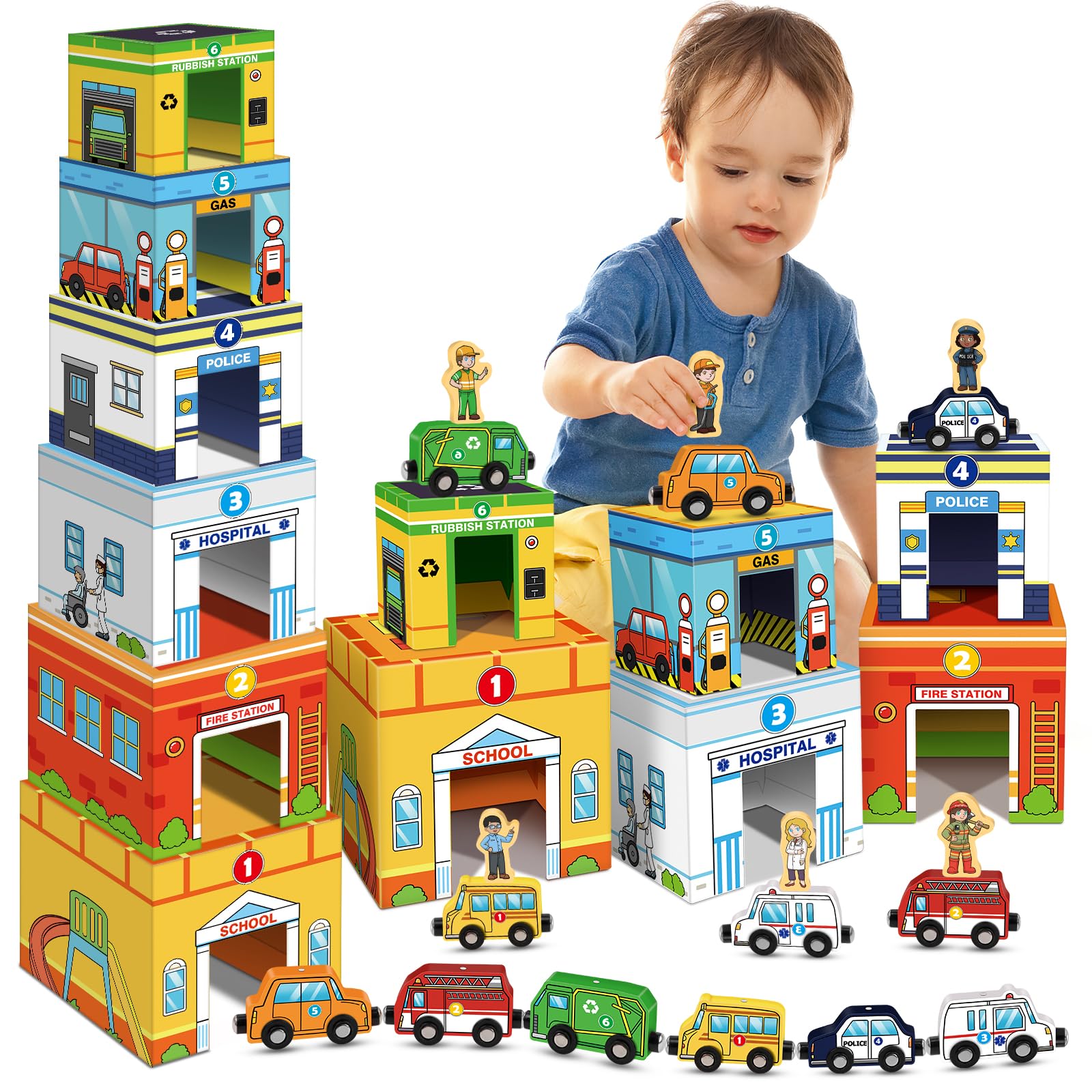 Aizweb Magnetic Wooden Vehicle Stacking Set,Sorting & Building STEM Blocks Cars Toys for Toddlers,Cardboard Educational Preschoo