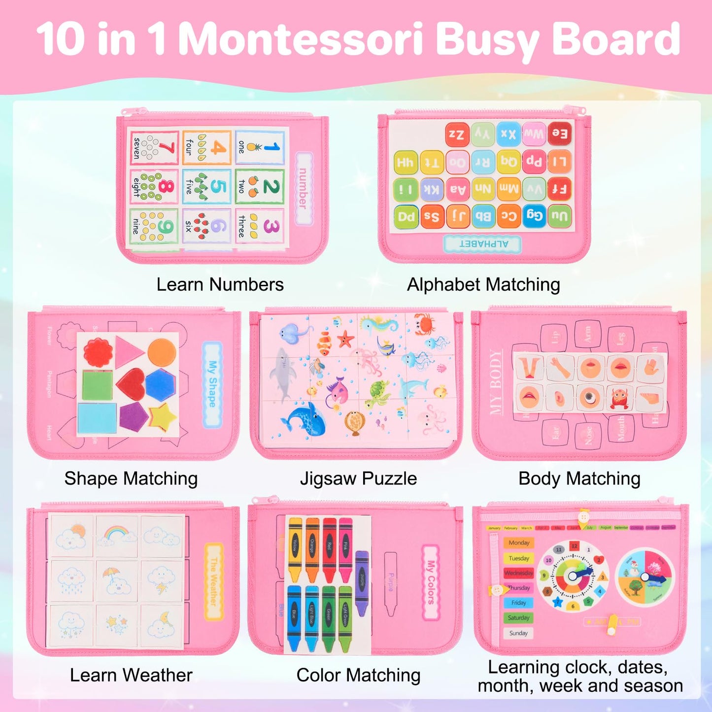 Toysym Toddler Busy Board Montessori Toys, Sensory Toys For 1 2 3 4 Year Old Girl, Busy Book Travel Educational Activities For L