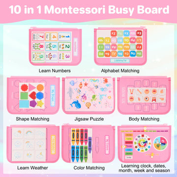 Toysym Toddler Busy Board Montessori Toys, Sensory Toys For 1 2 3 4 Year Old Girl, Busy Book Travel Educational Activities For L