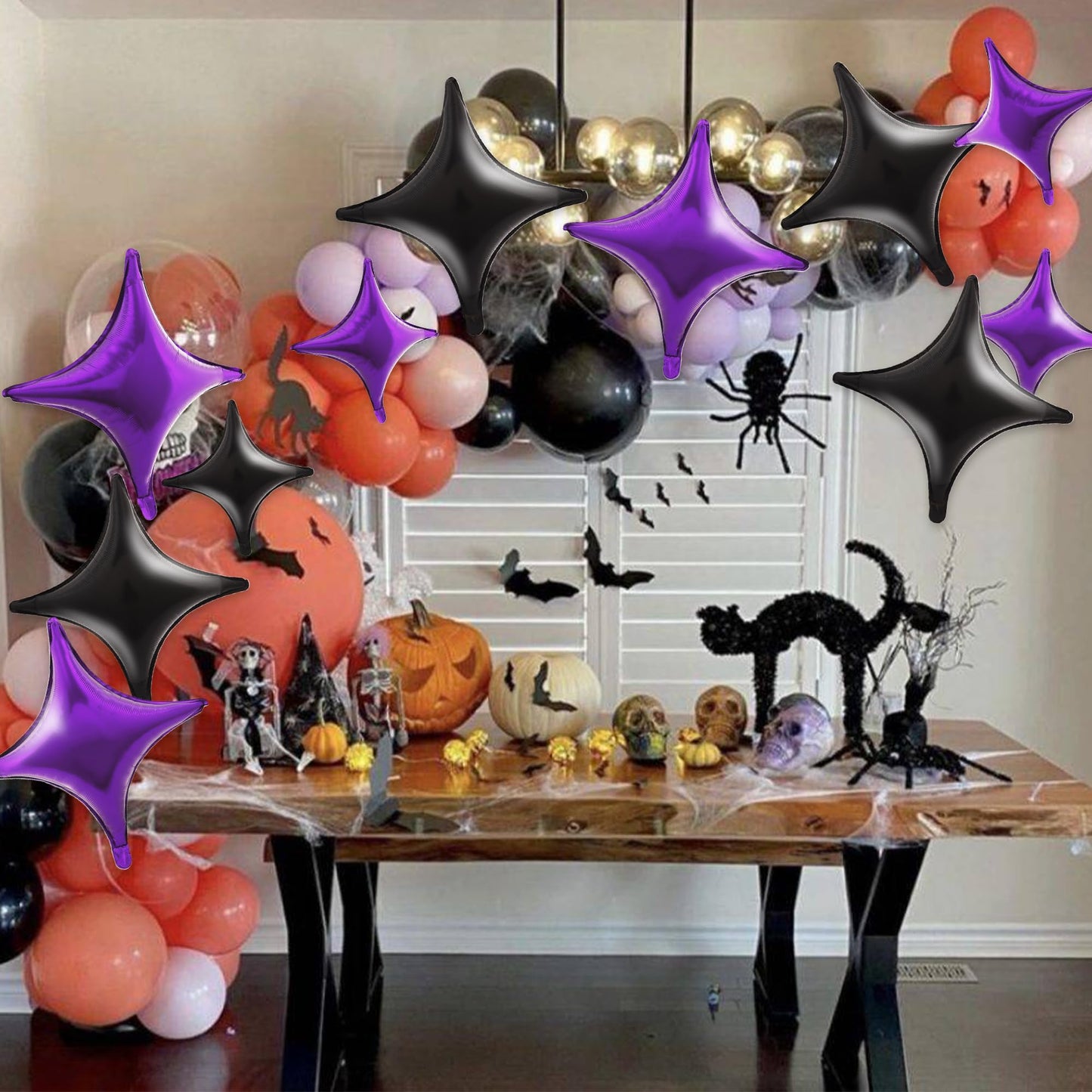 TONIFUL 30Pcs 26In&10In Star Balloons Black and Purple Four Pointed Foil Mini Star Mylar Balloons for Halloween Birthday Wedding