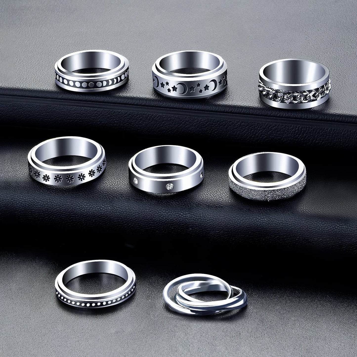 Mucal Fidget Rings For Anxiety 8Pcs Stainless Steel Spinner Ring Anti Anxiety Ring Spinning Moon Star Cool Stress Relieveing Rings For Women Men, Fidget Rings With Beads