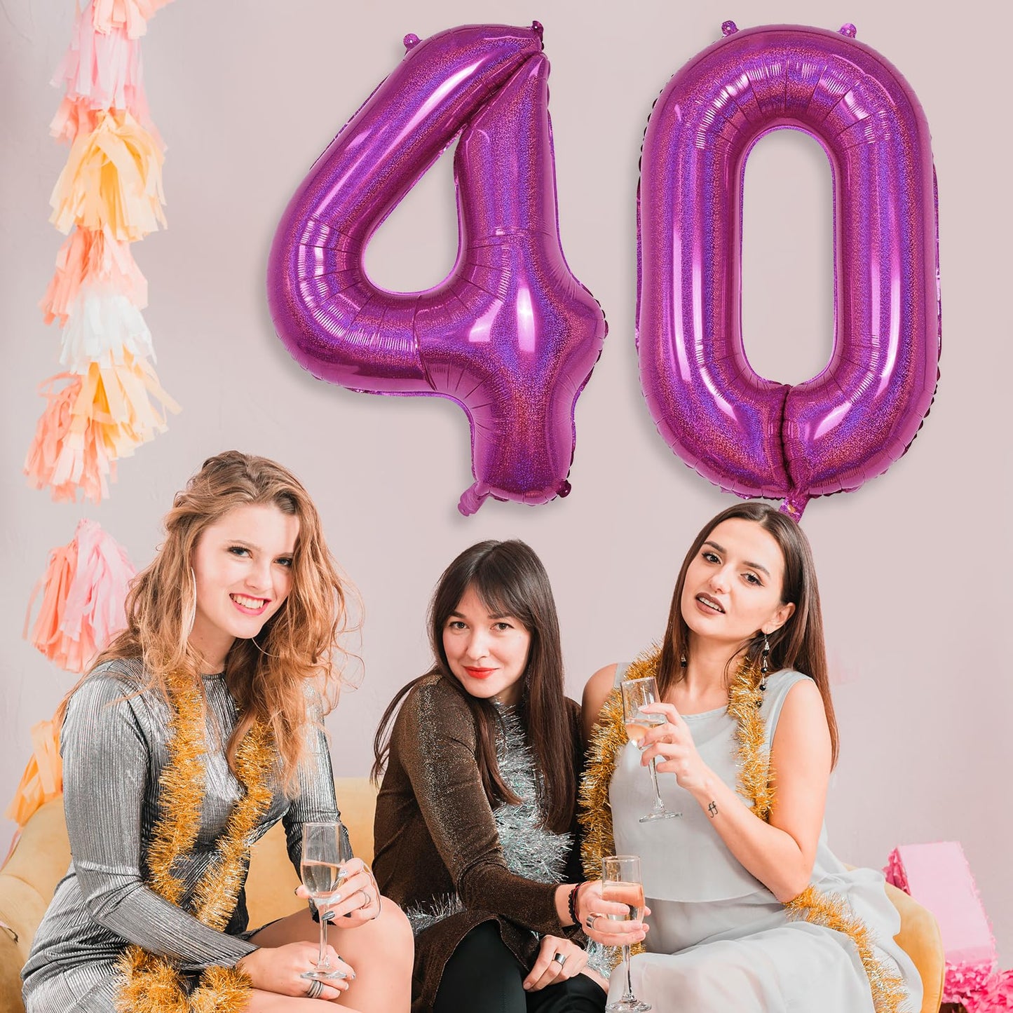 40 Balloon Laser Hot Pink, Self Inflating 40 Inch Number 40 Mylar Balloon Bright Pink Decor For Women, Foil Helium Iridescent Bi