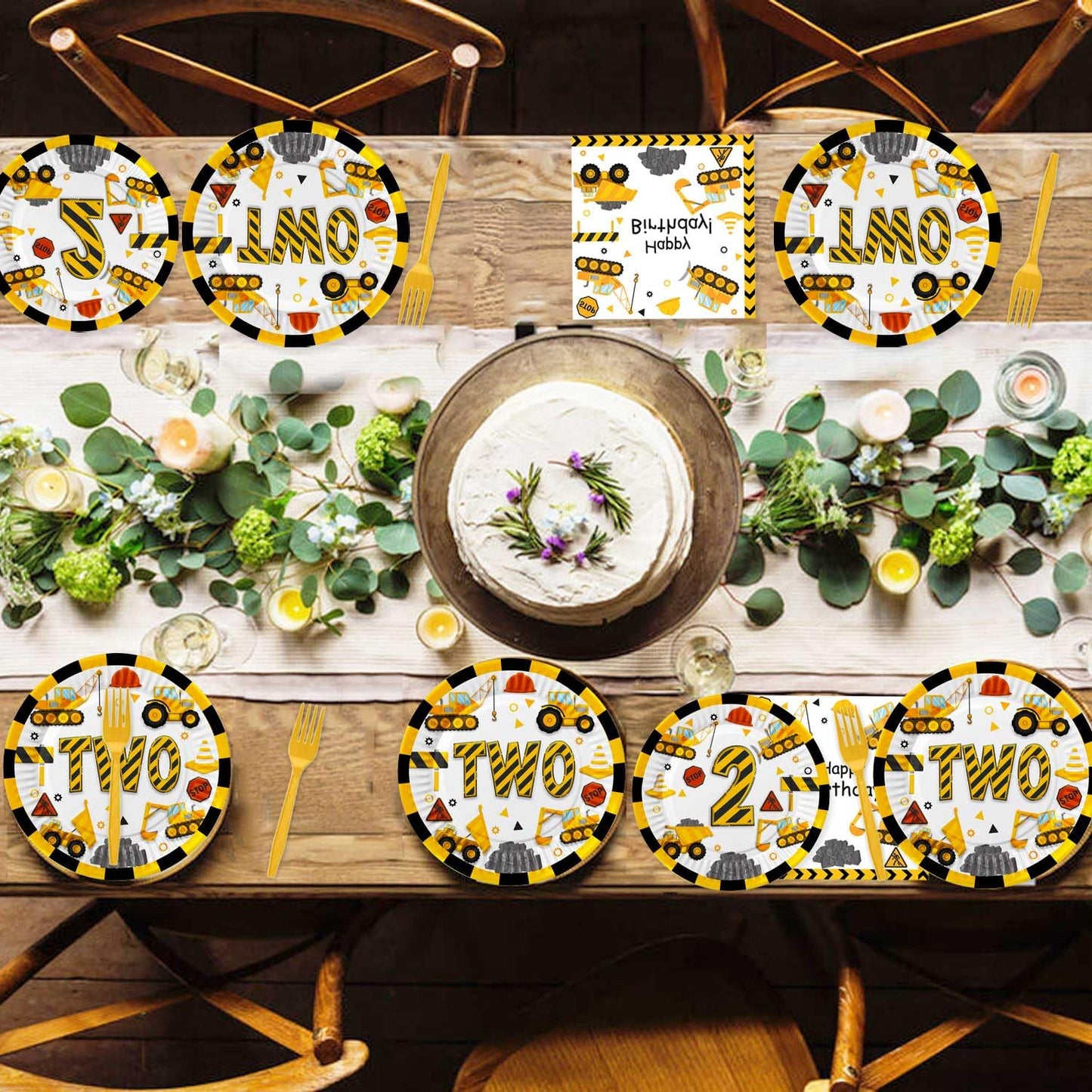 118pcs Construction 2nd Birthday Decor Construction Two Years Old Paper Dinner Plates Napkins Forks Cups Tablecloth Banner Dinne