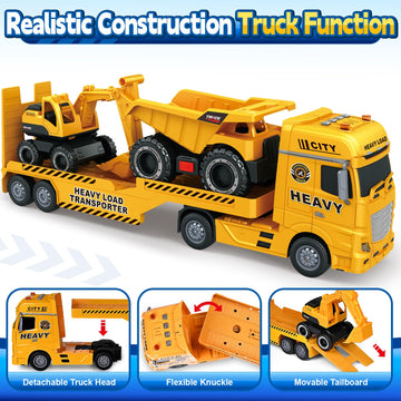 SpringFlower 3 4 5 6 Toddler Boy Toys, 25'' Construction Carrier Truck Toy with Excavator and Dump Truck,3 in 1 Truck Boy Toy, C