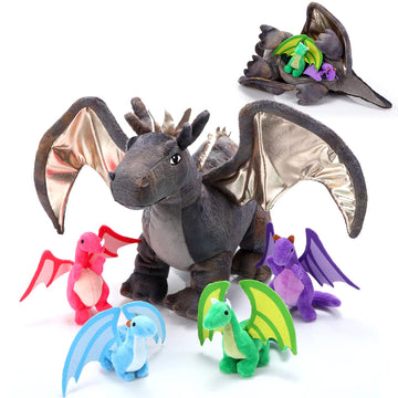Hydren 5 Pcs Dragon Plush Toys Set 16 Inch Giant Dragon Plush Stuffed Animal With 4 Pcs Babies Dragons In Mommy Dragon'S Belly F