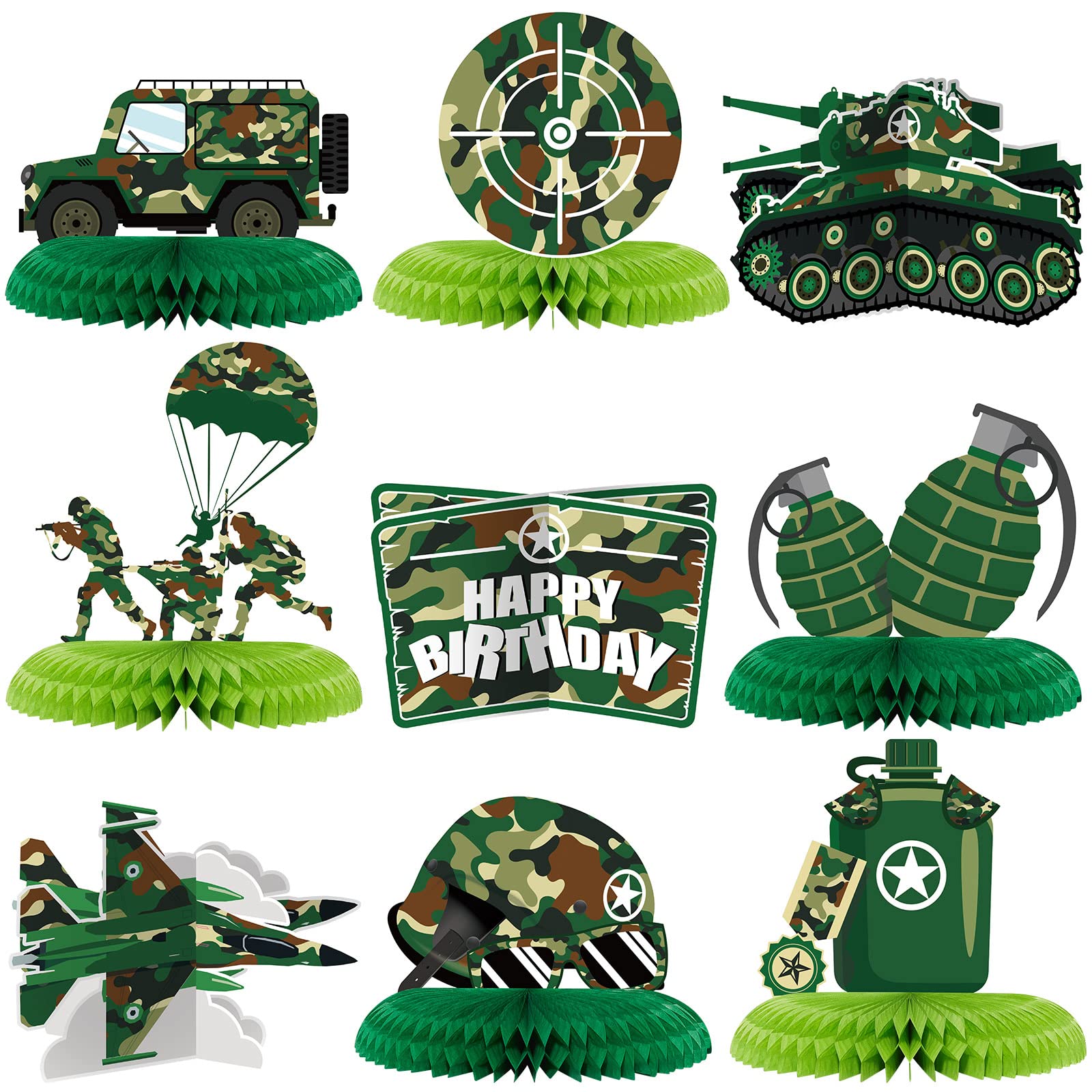 9 Pieces Army Party Decorations Camouflage Birthday Party Decorations Military Honeycomb Centerpieces for Tables Decorations for