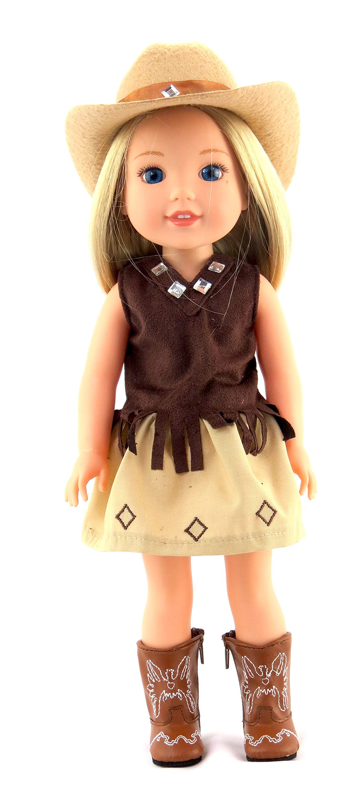 American Fashion World Brown Cowgirl Outfit for 14-Inch Dolls | Hat and Boots Included| enhanced Quality & Trendy Design | Dolls Clothes | Outfit Fashions for Dolls for Popular Brands