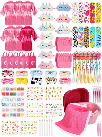 Suhine 6 Set Spa Party Supplies For Girls, Kids Satin Robes Nail Salon Kit Spa Kit Accessories For Birthday Party Favors (Pink,
