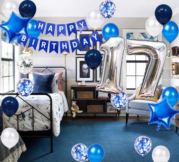JumDaQQ 17th Birthday Party Decorations - Blue Banner, Star Foil & Confetti Balloons for Boys, Model JD-17th-blue-31