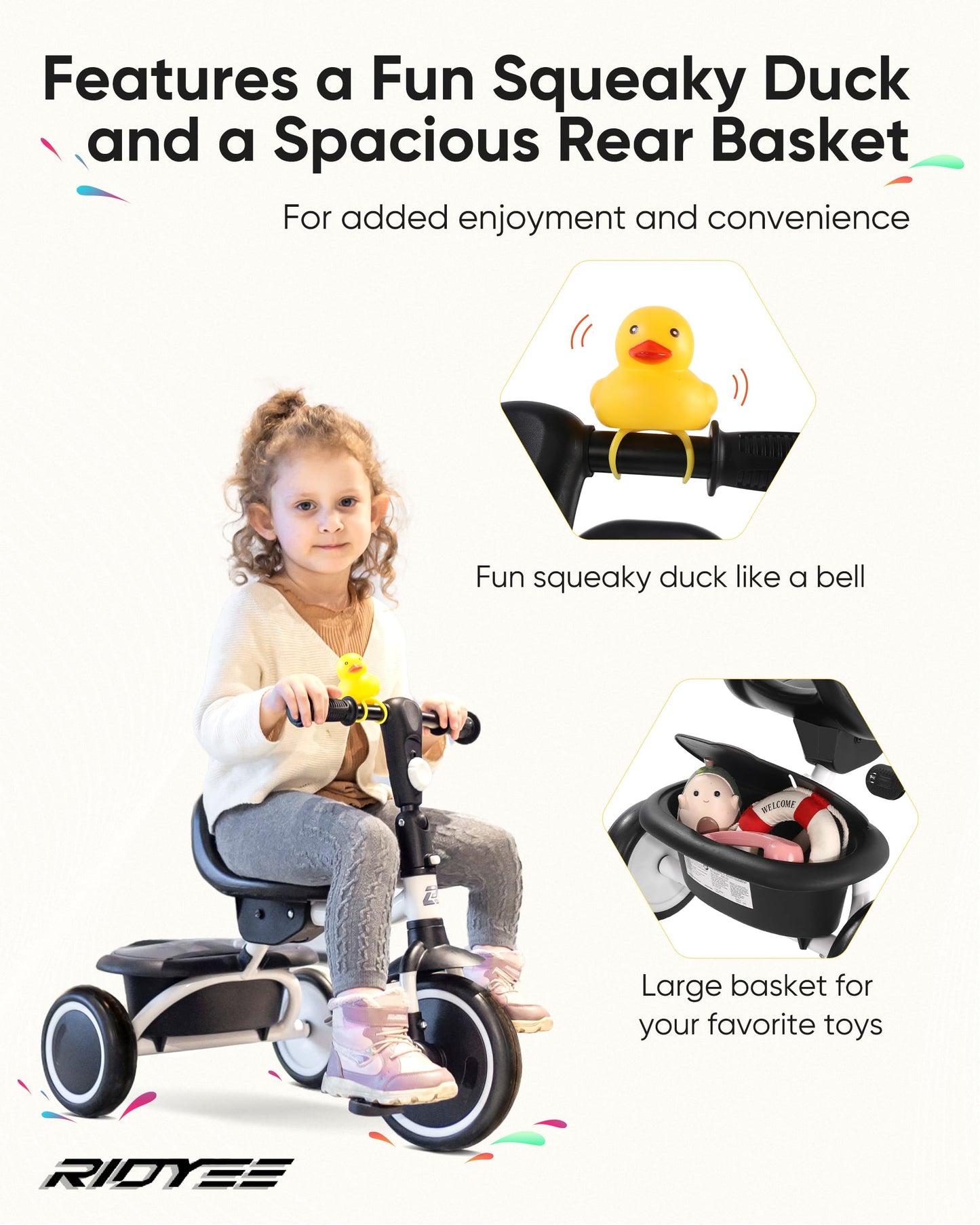 RIDYEE Toddler Tricycle for 18 Months to 5 Years, Foldable Tricycles for 3-5 Year Olds, Kids Tricycle with Adjustable Carry-Frie