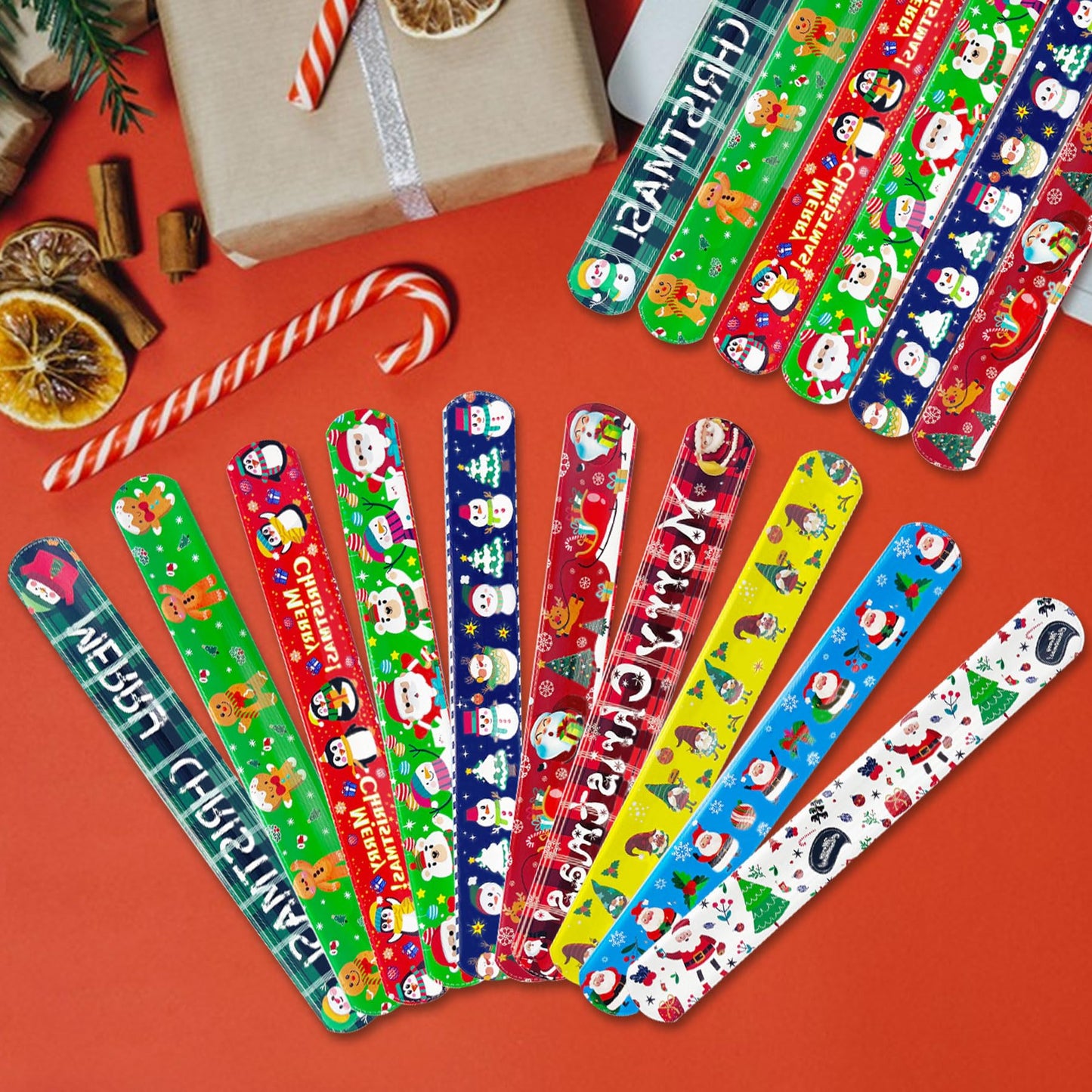 Junebrushs 56 Pack Christmas Slap Bracelets For Kids Xmas Slap Bands Wristband Christmas Party Favors Snap Bracelets Bulk For Bo