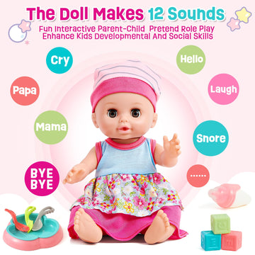 Golray 12In Girl Baby Doll Crib And High Chair Set - Sound&Pee Interactive Baby Doll With 20Pcs Accessories Diaper Bag/Cradle/2 Clothes, Feeding Nursery Pretend Play Toddler Girl Toy Gift 3 4 5 6 Year
