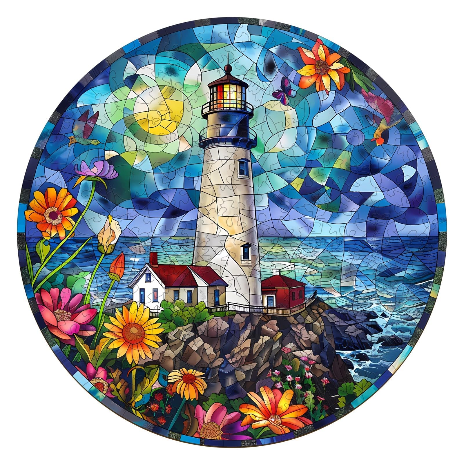 Wooden Puzzles for mature-themeds  Stained Glass Lighthouse Wooden Jigsaw Puzzles for mature-themeds 100 Pieces  Seaside Flower Wood Puzzles mature-themed  Gifts for Friends and Family  Wall Art Canvas Puzzle (S 8.5*8.5in)
