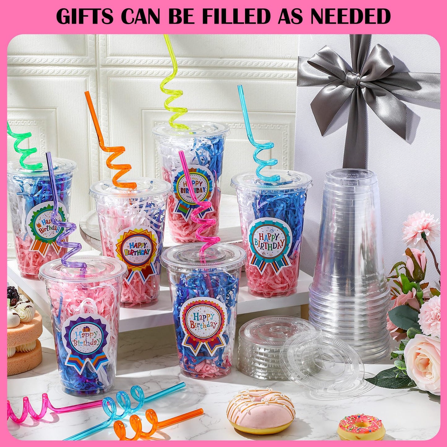 Qinyoung 24 Set Creative Happy Birthday Gifts from Teacher Students Birthday Cups with Lids Colorful Straws Stickers and Raffia