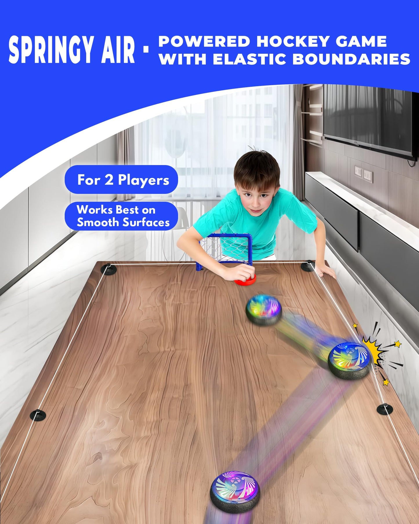 Adjustable Tabletop Air Hockey Game - Battery-Free Fun with Flexible Boundaries! Hover Puck Set with 2 Pushers, 2 Mini Goals & E
