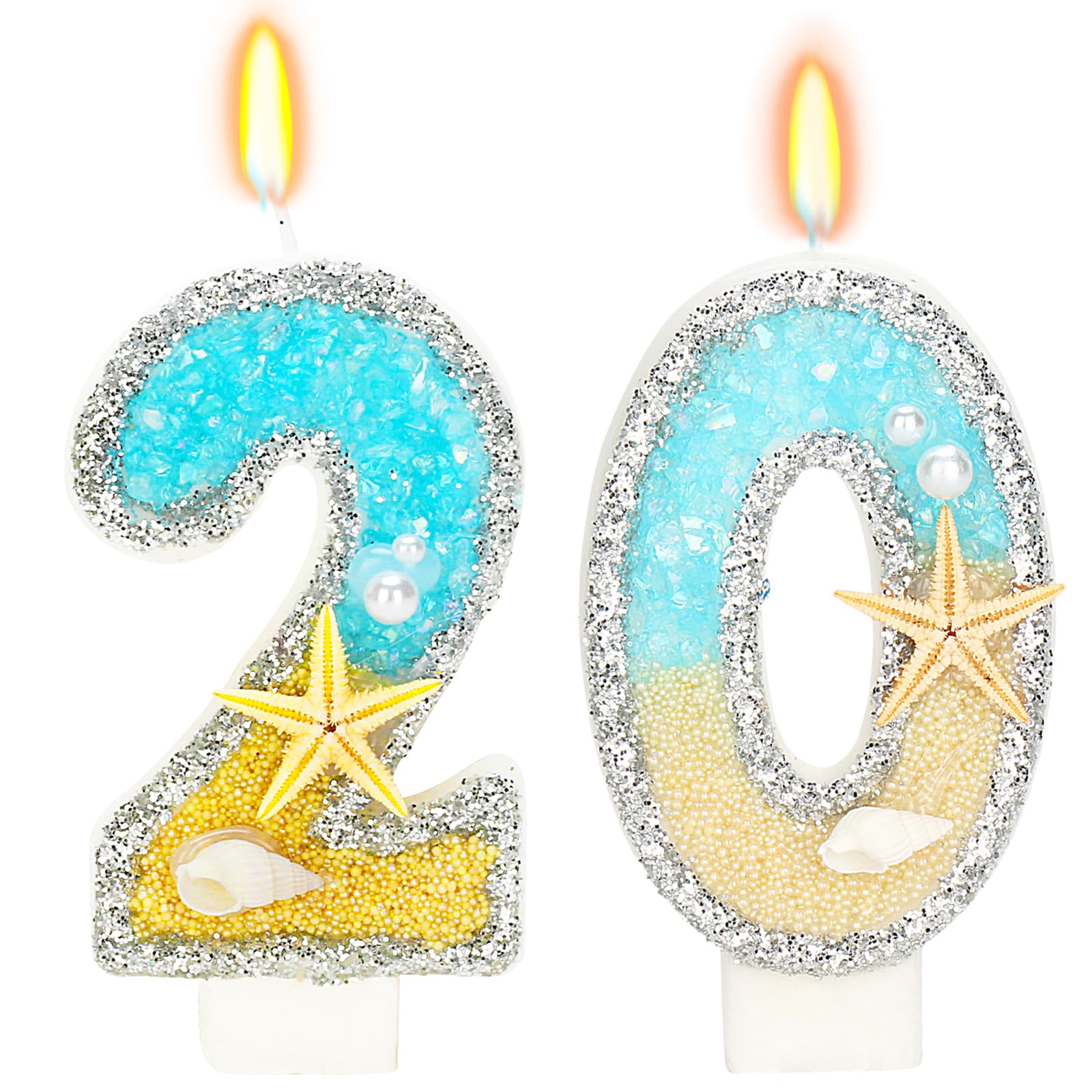 ElekFX 20th Birthday Candle for Cake, Beach Starfish Sequins Number Cake Candles, 2.76 inch Number 20 Happy Birthday Candle, Cak