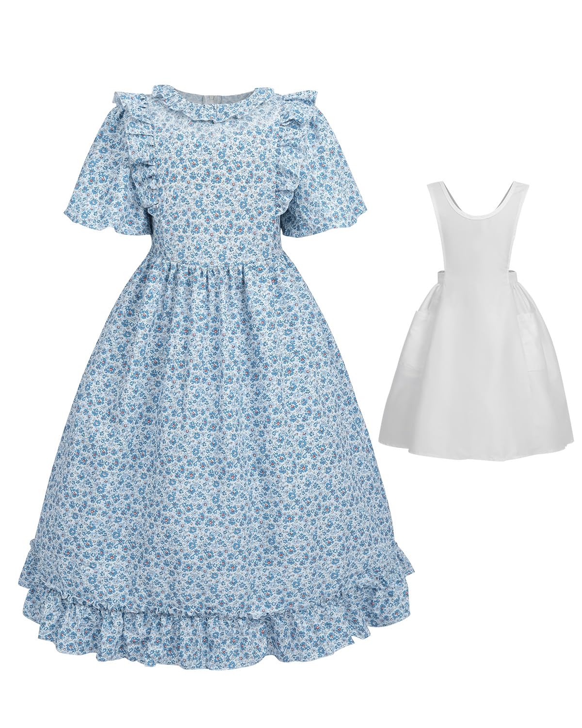 Fccam Colonial Pioneer Dresses For Girls Short Sleeve Floral Prairie Costume Blue S
