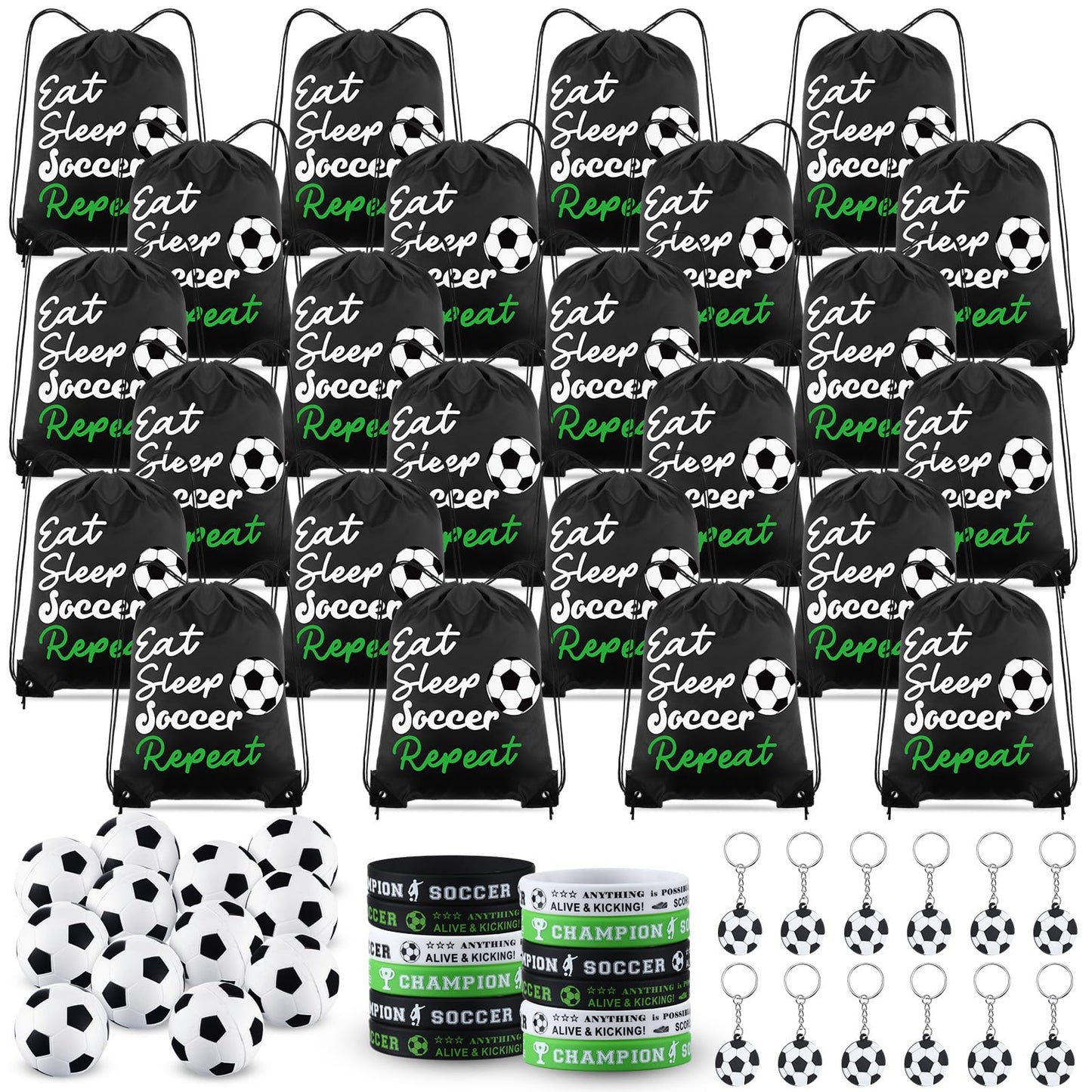 MiniInflat 96 Pcs Soccer Party Favors Include 24 Soccer Drawstring Bags, 24 Soccer Keychain, 24 Silicone Soccer Bracelets, 24 Mi
