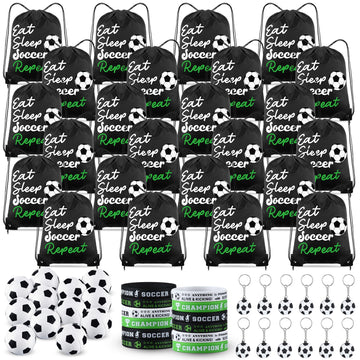MiniInflat 96 Pcs Soccer Party Favors Include 24 Soccer Drawstring Bags, 24 Soccer Keychain, 24 Silicone Soccer Bracelets, 24 Mi