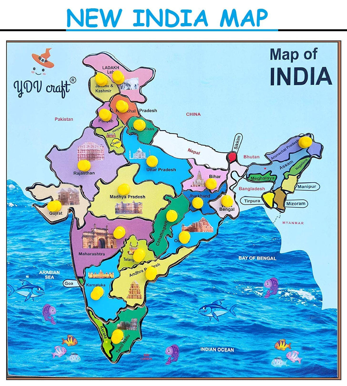 WOODEN MAP Educational Wooden Indian Map Puzzles with Multicolour Sticker Images of Most Famous Monuments in All States  14 Pie