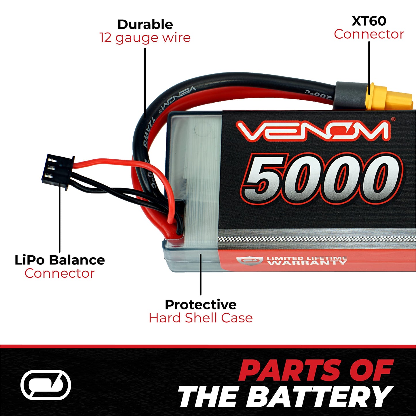 Venom Drive Series 20C 2S - 5000mAh 7.4V LiPo RC Battery - Universal 2.0 Plug, Lithium Polymer 2 Cell - Soft Silicone Connector
