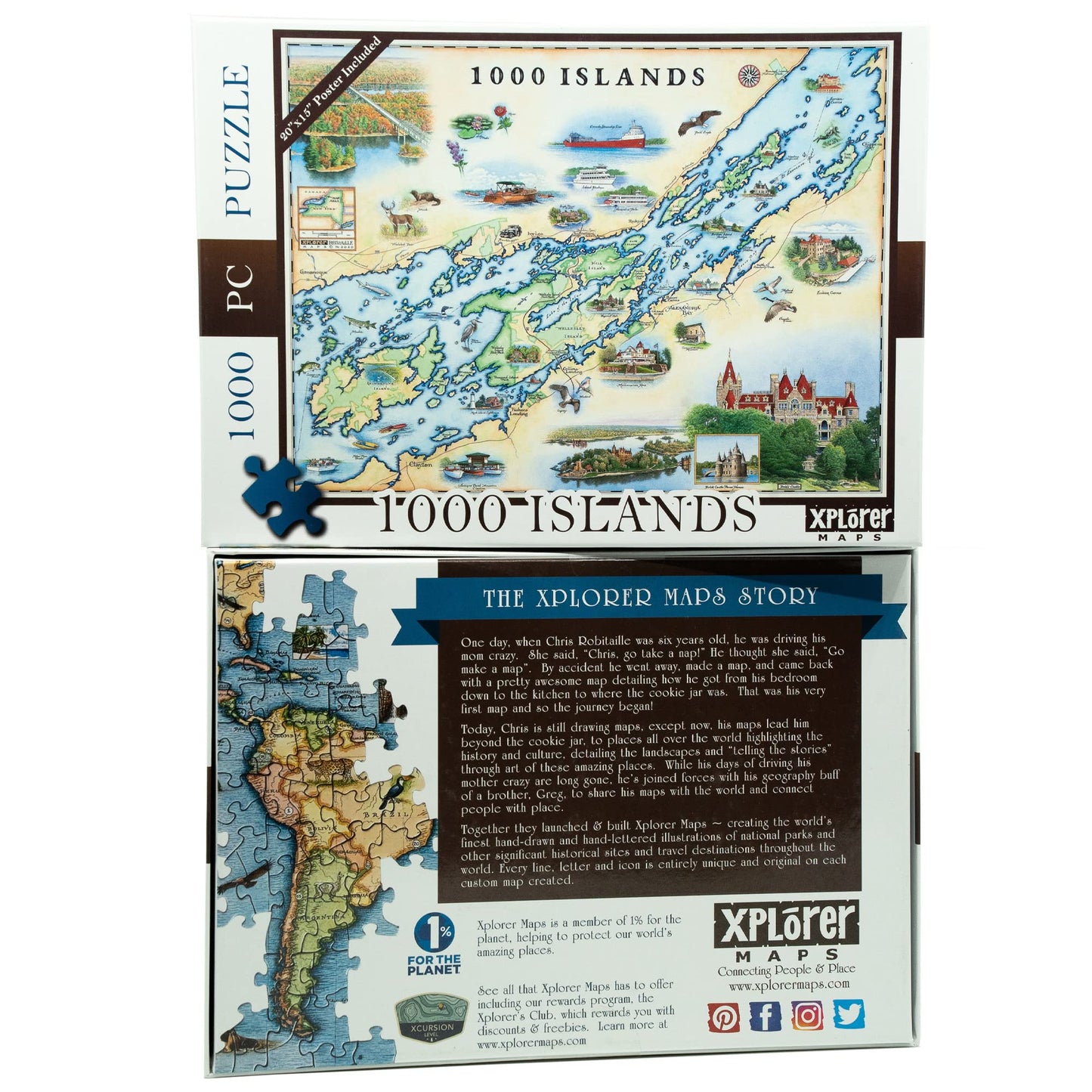 1000 Islands Map Cardboard Jigsaw Puzzle - 1000 Pieces, Hand-Illustrated - Educational, Family Activity, Ages 8+, Includes Poster - 25.4 X 19.8