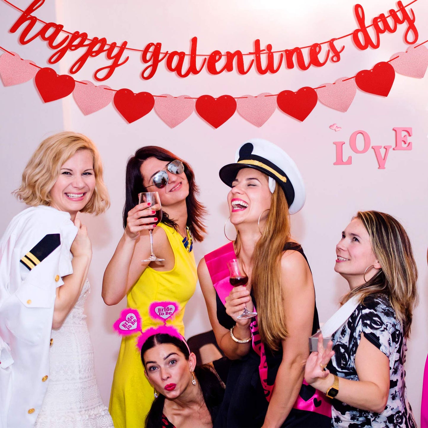 Sumind Happy Galentines Day Decorations Happy Galentines Day Banner Pink Red Heart Banners and Red Lips Lipstick Heart Balloon