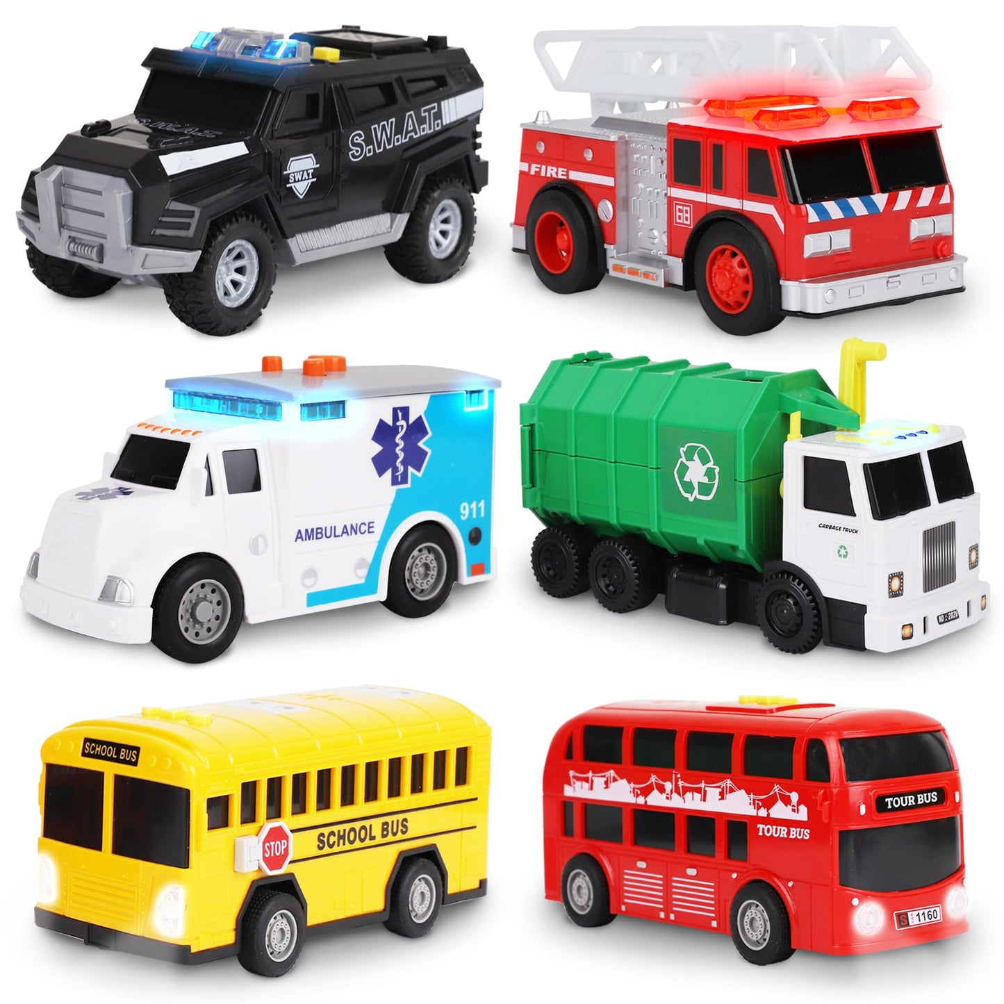 Playkidiz Toy Cars For Toddlers - 6Pcs Pull Back Cars Toys With Light And Sounds, City And Emergency Vehicles Set, Including Pol
