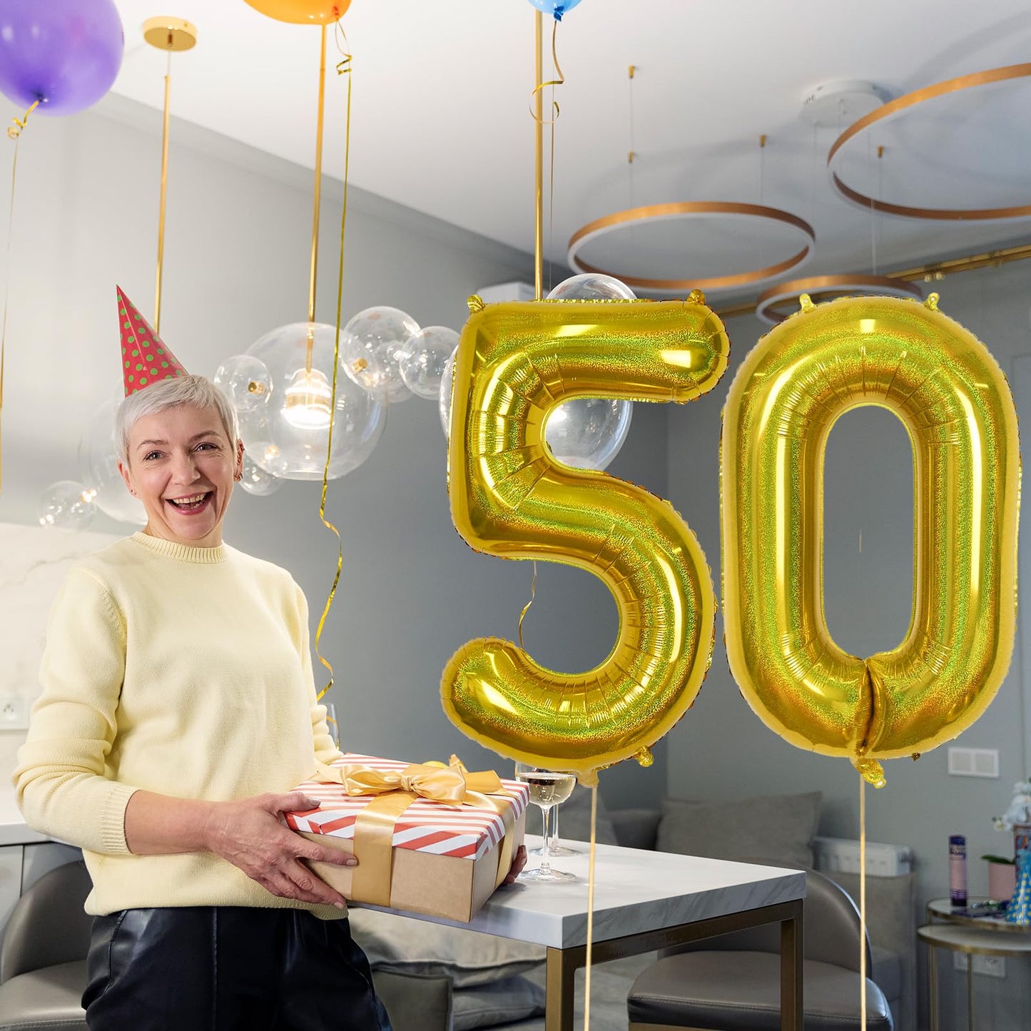 50 Year Old Birthday Balloons, Self Inflating Globos Dorados Giant Number 50 Balloons For Women, Laser Gold Iridescent 40 Inch 5