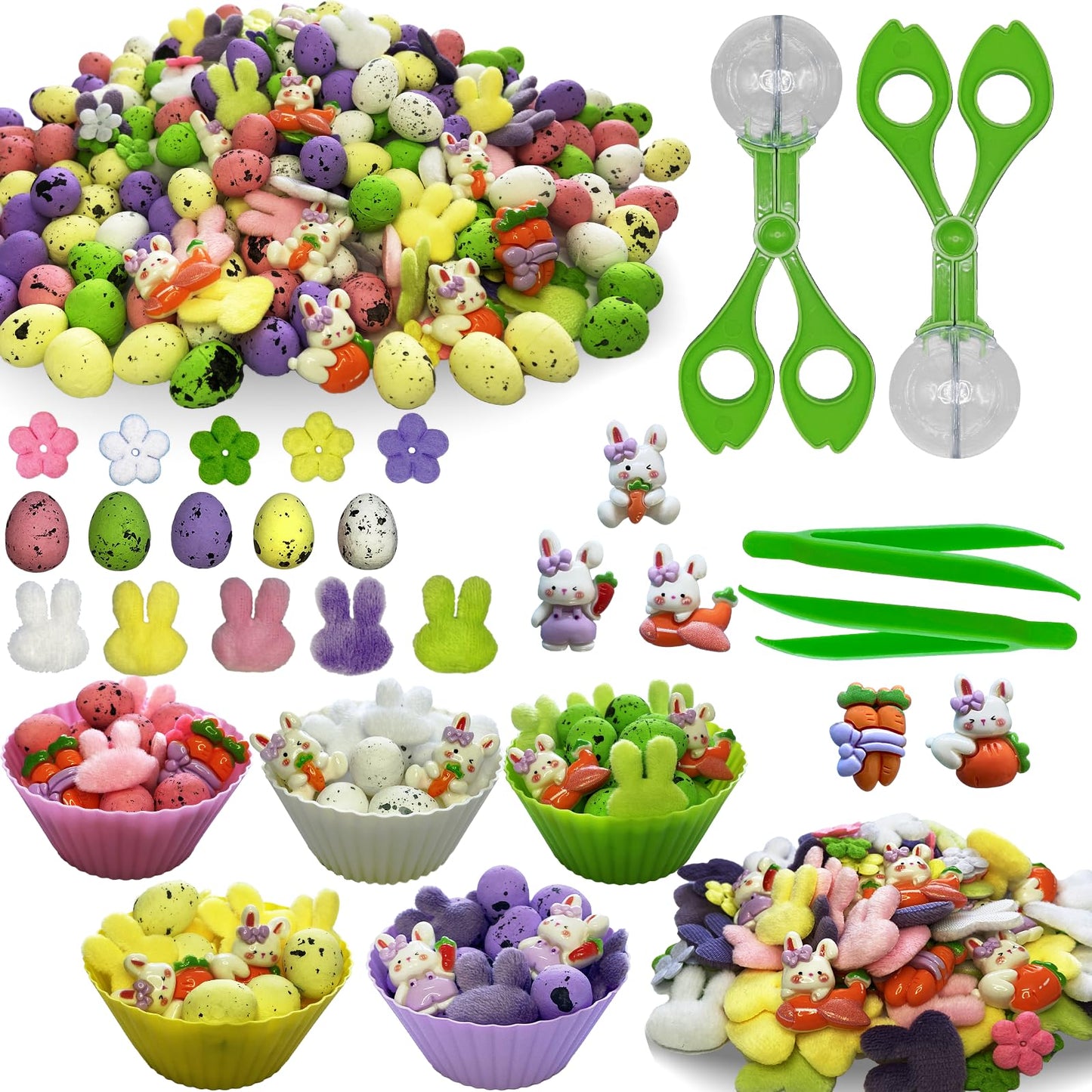 Unvola 226Pcs Easter Sensory Bin Filler Fine Motor Toys Spring Sensory Bin Items 100 Easter Foam Eggs 50 Felt Easter Flowers 50