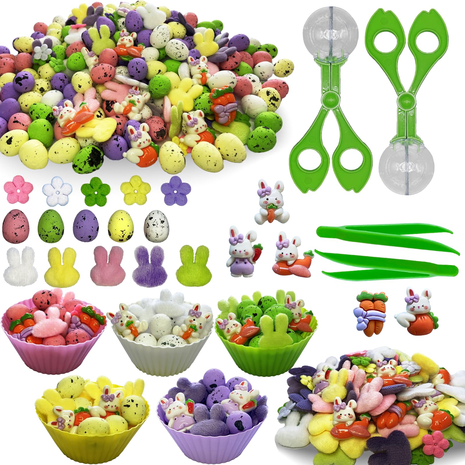 Unvola 226Pcs Easter Sensory Bin Filler Fine Motor Toys Spring Sensory Bin Items 100 Easter Foam Eggs 50 Felt Easter Flowers 50