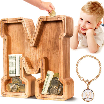 SummiDate Wooden Letter Piggy Bank| Piggy Bank for Boys Girls Toddler| Alphabet M Money Bank| Coin Bank Birthday Gift for Kids|Birthday Gift for Kids (M)
