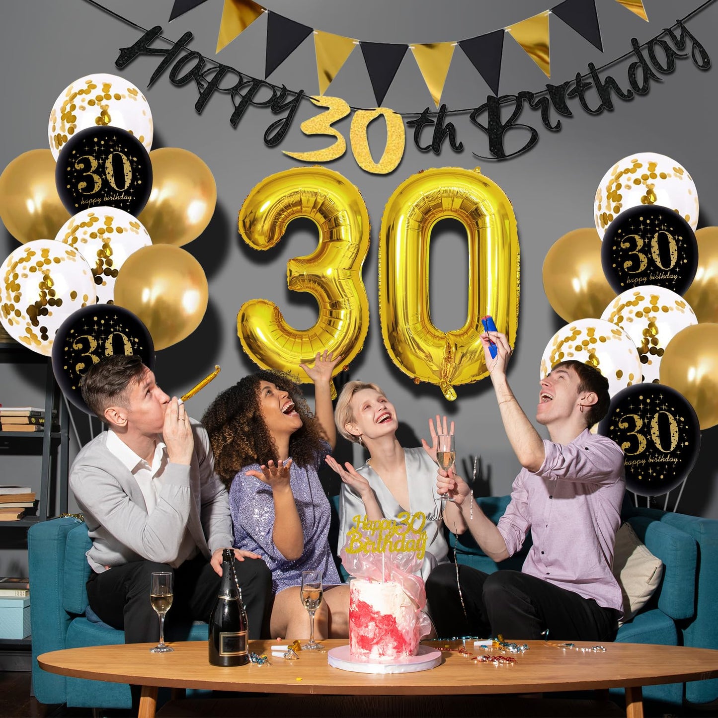 Jobkoo 30Th Birthday Decorations For Him, Black Golden 30Th Birthday Party Decor Men Women Happy 30Th Birthday Balloons Black 30