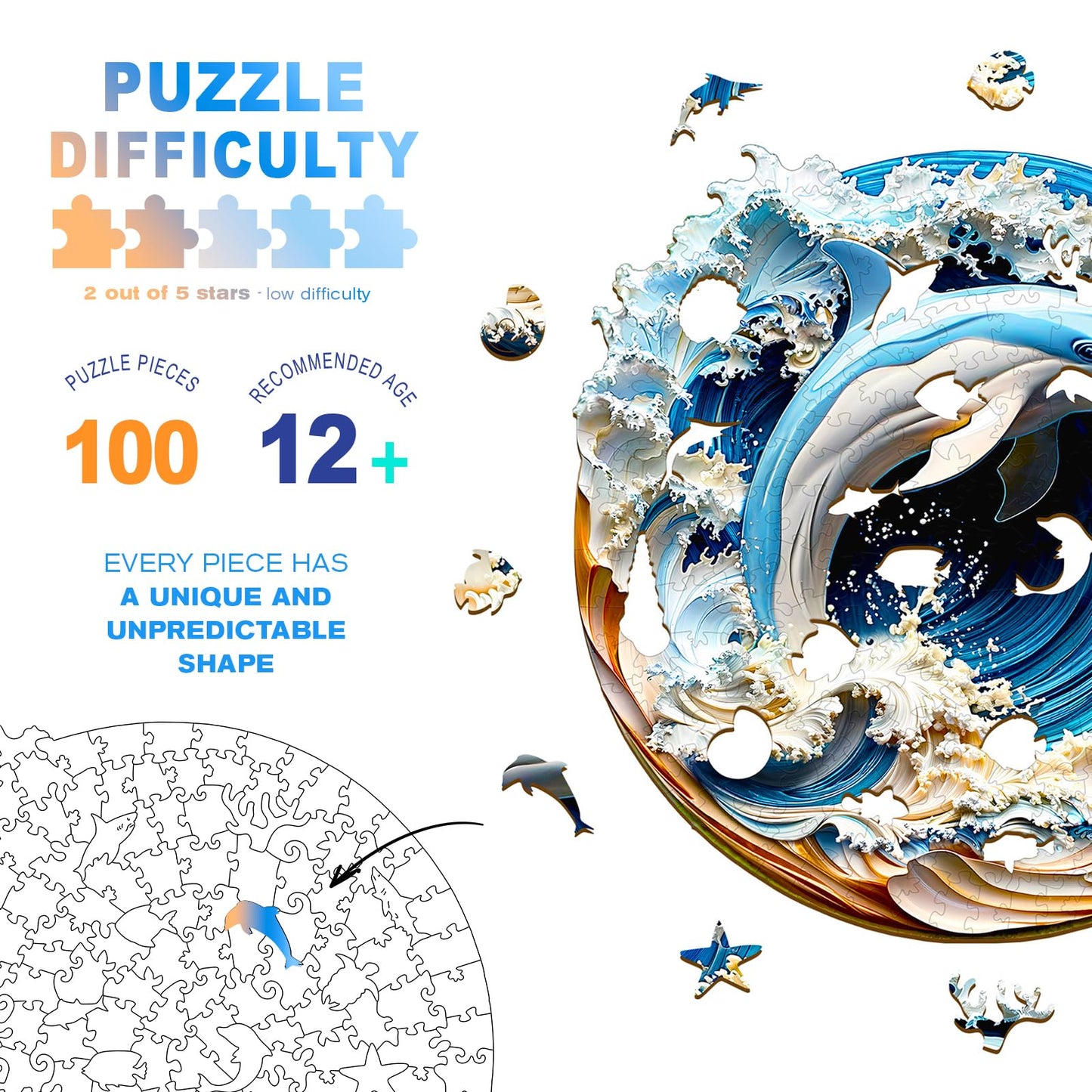 Wooden Puzzles for mature-themeds - 3D Vision Effects Dolphin Wooden Jigsaw Puzzle - Unique Animal Shaped Wood Puzzles mature-themed - Creative Birthday Gift Family Game (100pcs)