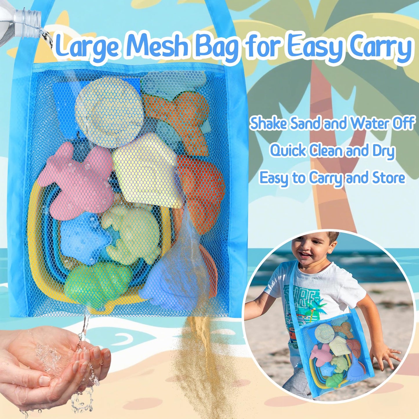 Collapsible Beach Toys Sand Set Collapsible Sand Bucket And Shovels Set With Mesh Bag & Molds Sandbox Toys For Kids Boy Ages 4-8