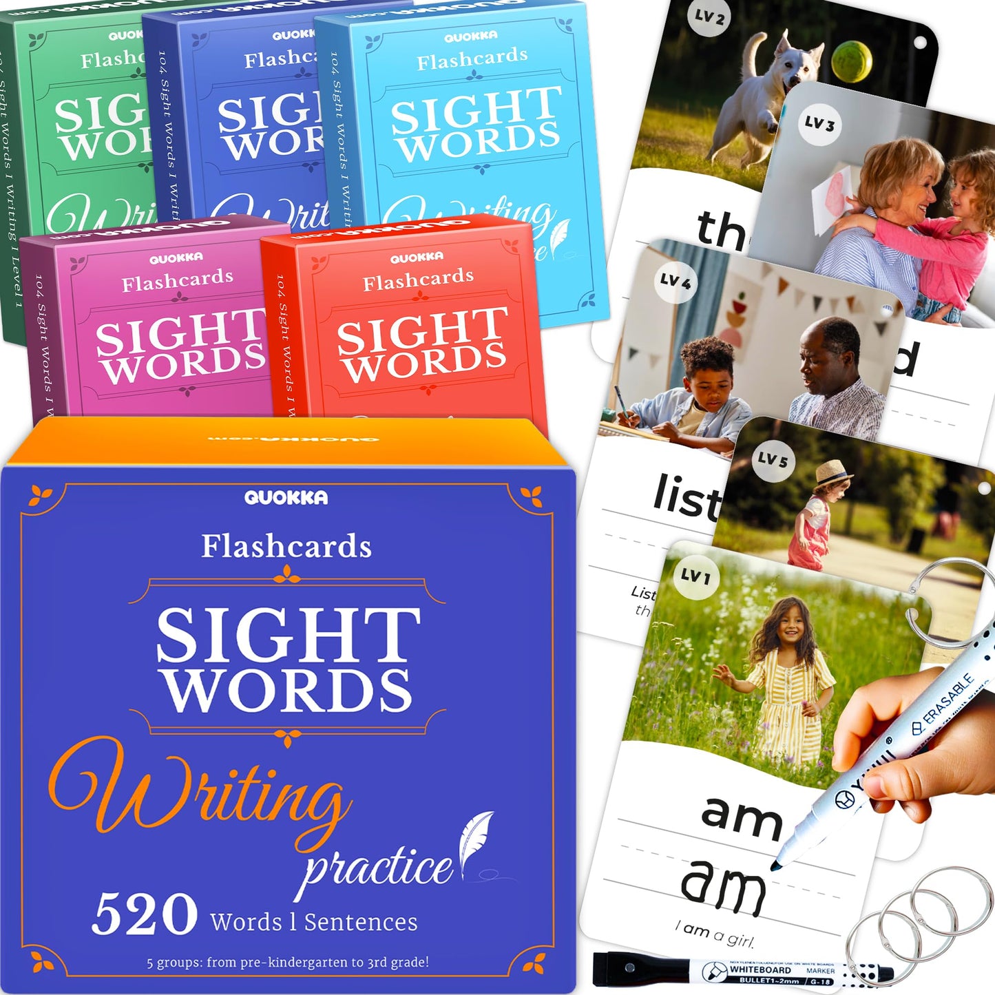 Quokka 520 Sight Words Flash Cards For Kids Adults - From Pre-K To 3Rd Grade - 5 Levels & Bold Font & Jumbo Size & Dry Erase Car
