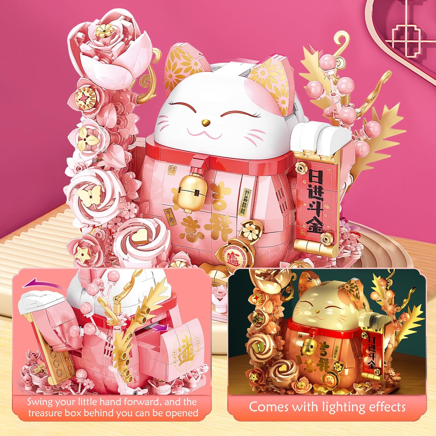 Lucky Cat Building Block Set  Compatible with Lego Cat  868Pcs Cute Fortune Cat with Flowers Building Blocks  Christmas Birthday Creative Gift for Girls Boys mature-themed (Pink Cat)