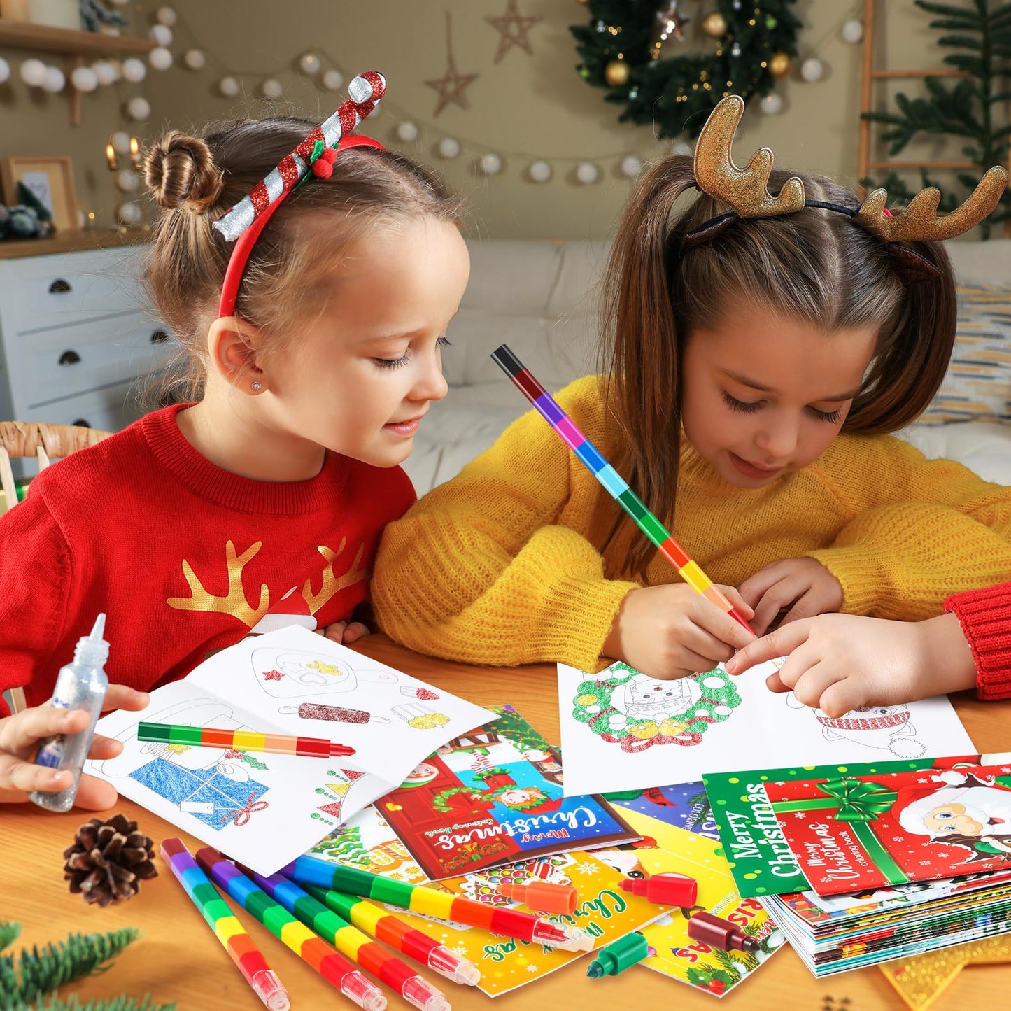 BenLouis 12 Christmas Mini Coloring Books Kids with 12 Stacking Crayons Christmas Theme Party Favors Small Activity Books Bulk f